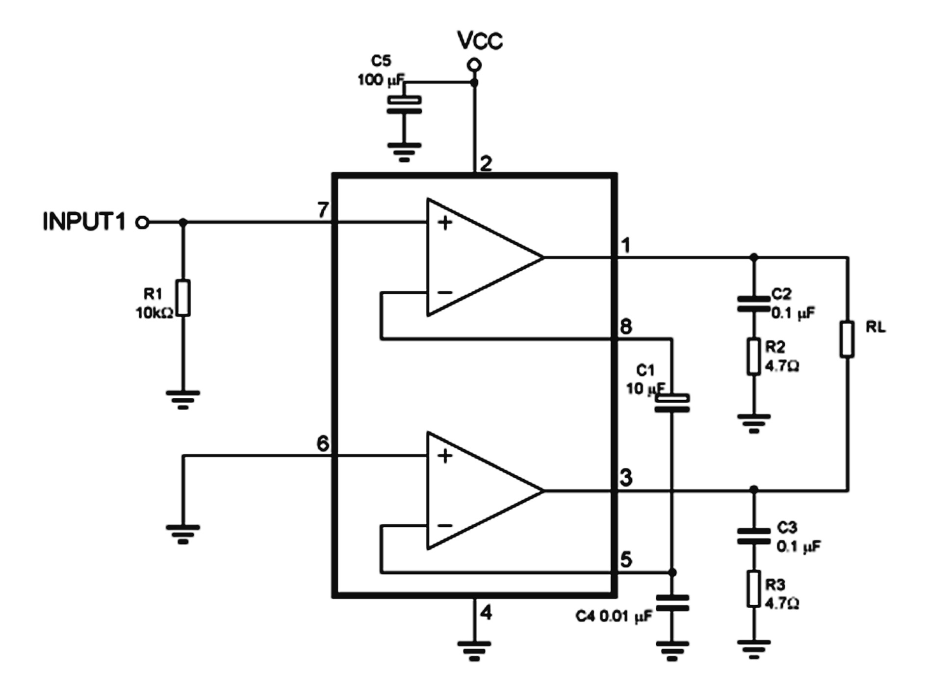 Basic single channel amplifier of TDA2822M1